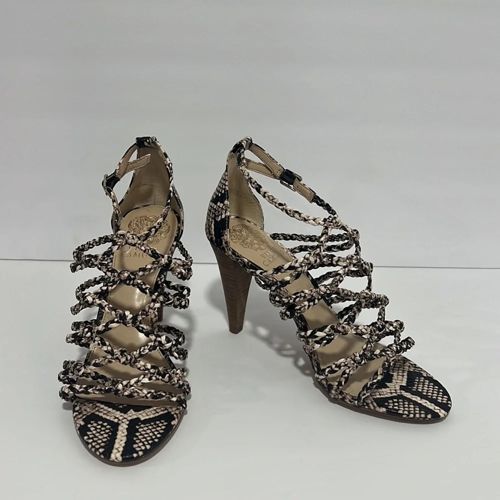 VINCE CAMUTO Women's Strappy Snake Print Heels Sz 7.5 - Picture 1 of 9